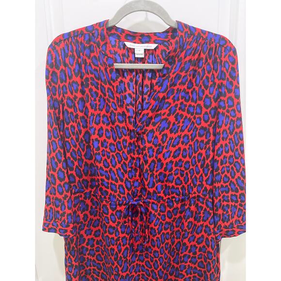 Diane Von Furstenberg Red Blue Leopard Print Shirt Mini Dress Sz 8 - Picture 2 of 7
